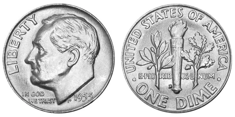 1953 Roosevelt silver dime obverse and reverse showing Franklin Roosevelt portrait and torch design