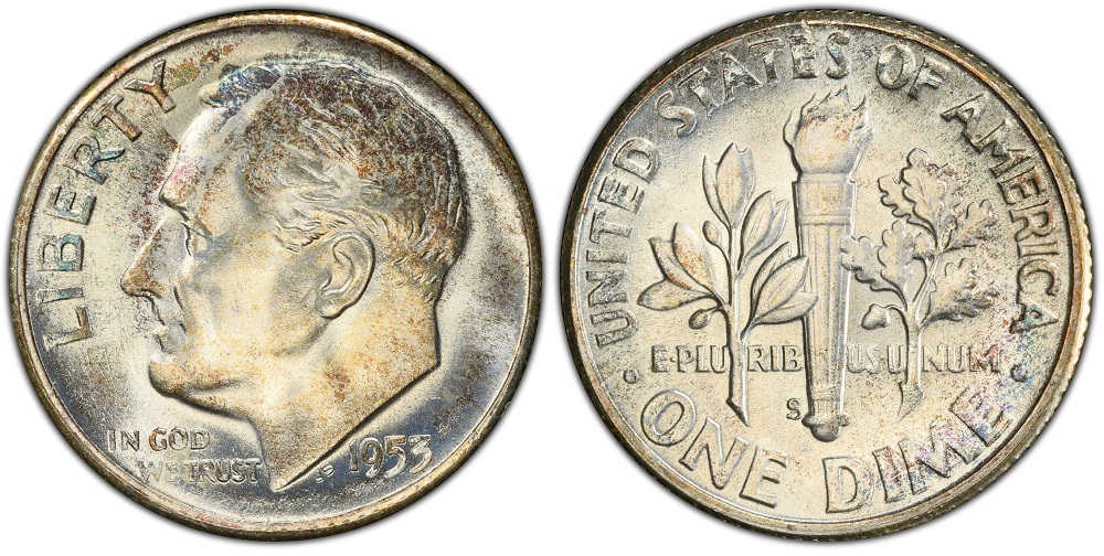 Comparison of 1953-S Roosevelt dime with weak torch bands versus a Full Bands specimen showing fully separated horizontal lines