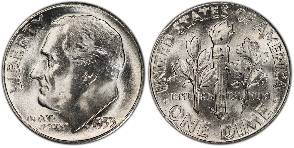 1953-S Bugs Bunny die clash Roosevelt dime showing raised clash mark protruding from Roosevelt's lips