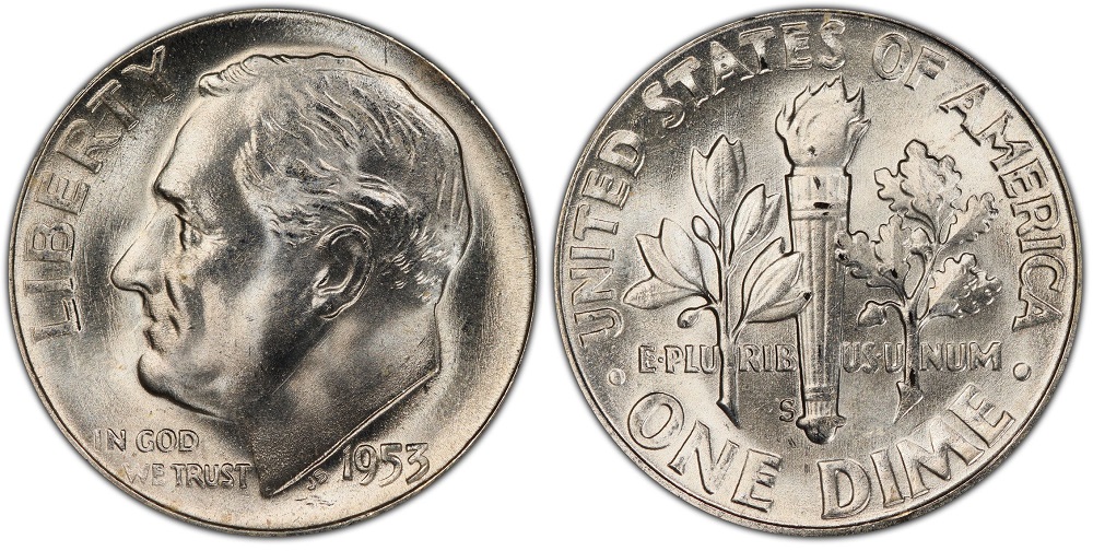 1953-S/S Repunched Mintmark Roosevelt dime showing doubled S mintmark with offset secondary impression under magnification