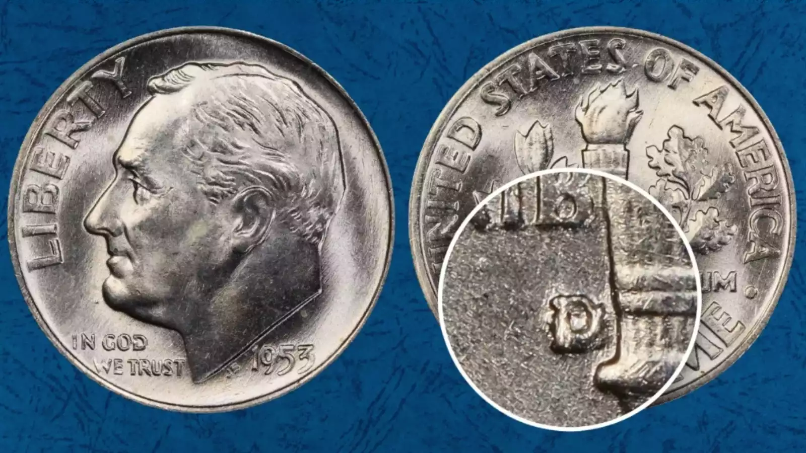1953-D/D Horizontal D repunched mintmark showing the rotated first D impression alongside the correctly oriented second D under magnification