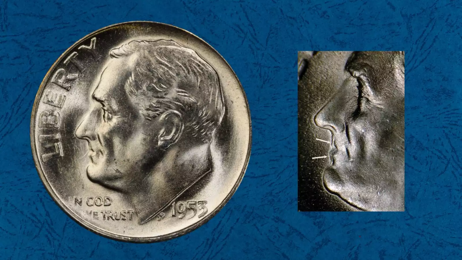 1953-S Hot Lips Doubled Die Obverse dime showing hub doubling on Roosevelt's lips nose and forehead features