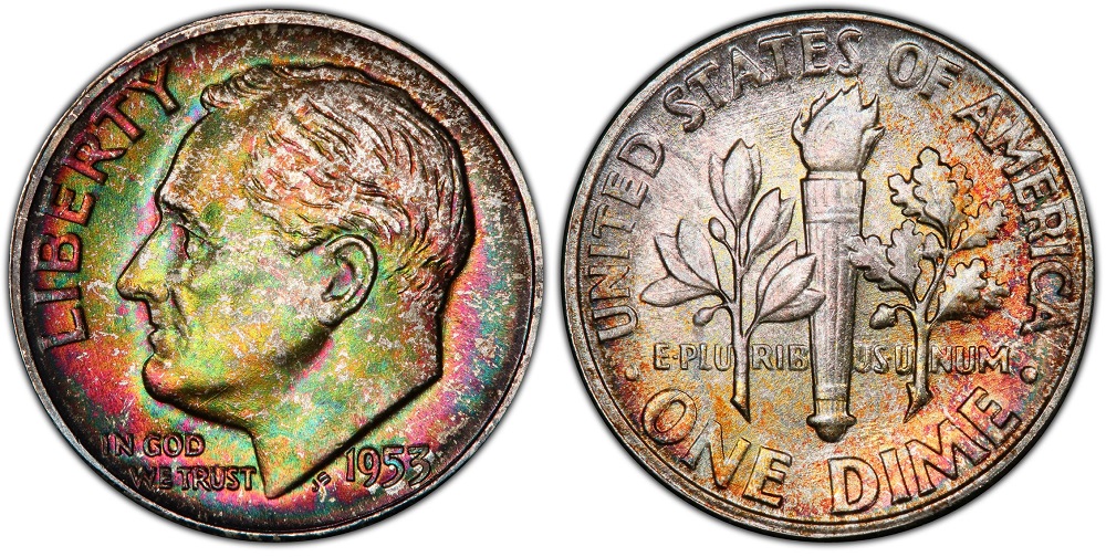 Grading strip showing four 1953 Roosevelt dimes from worn Good condition to uncirculated MS-65 gem condition in a horizontal row